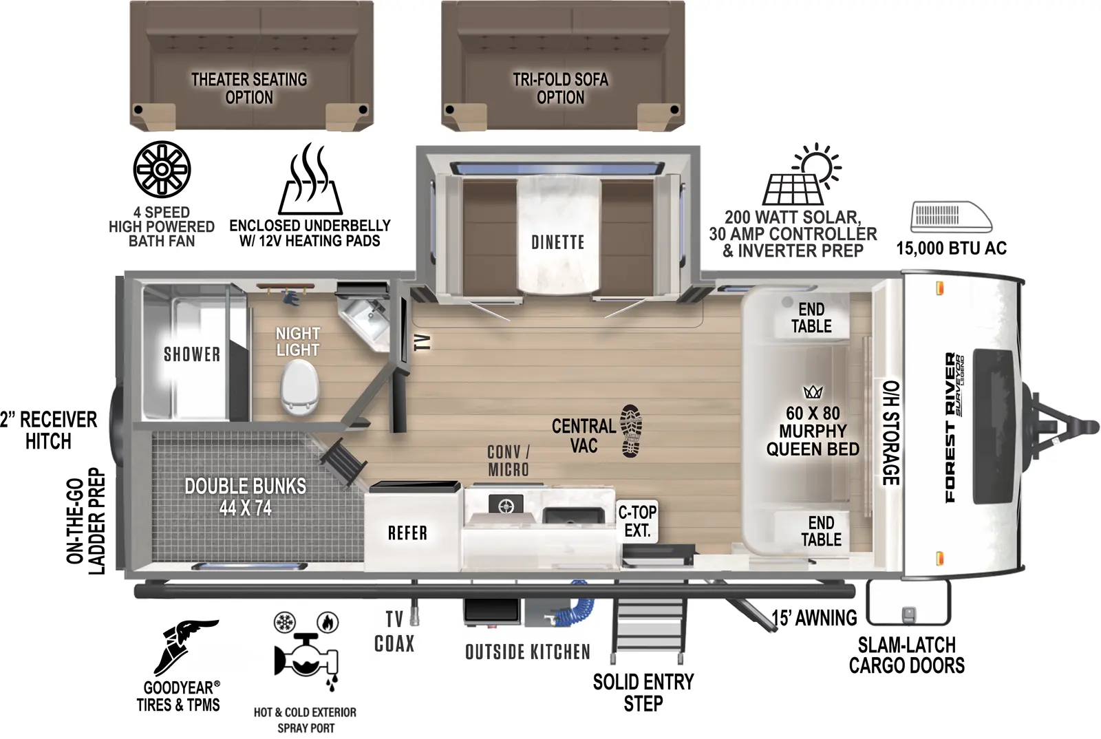 The Surveyor Legend 19MDBLE has one entry and one slide out. Exterior features include: fiberglass exterior, 15' awning and outside kitchen. Interiors features include: bunk beds and murphy bed.